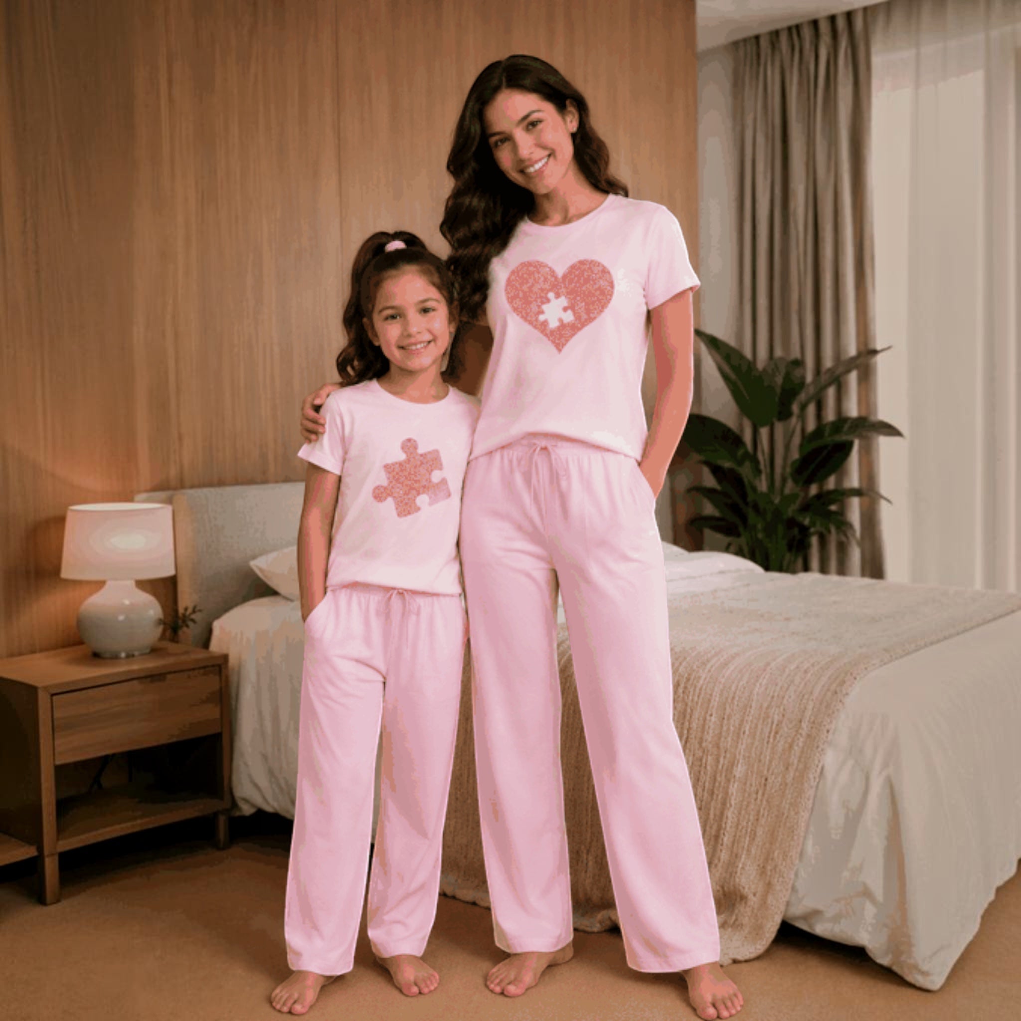 The Beauty Closet matching light pink pajama sets for mother and daughter with heart and puzzle piece graphic prints.