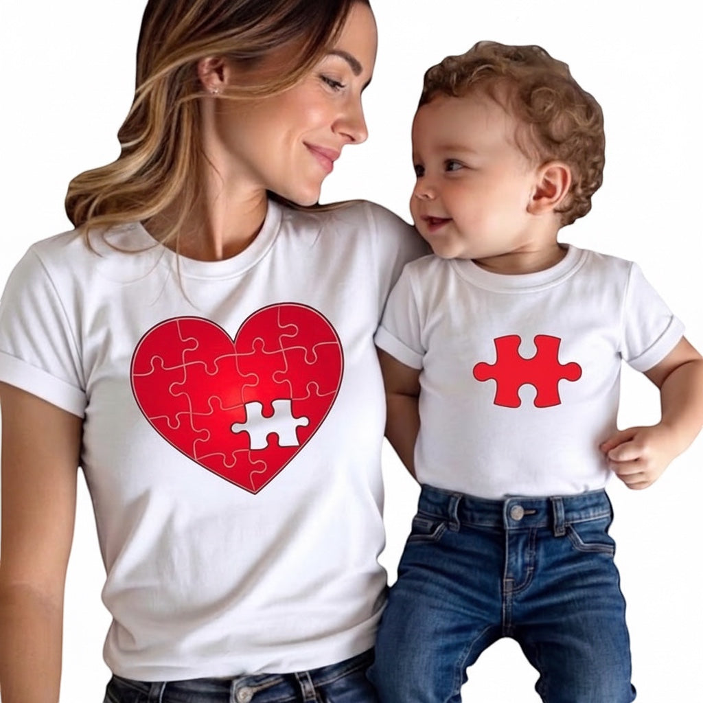 The Beauty Closet matching white cotton t-shirts for mother and child featuring a red heart puzzle piece graphic.