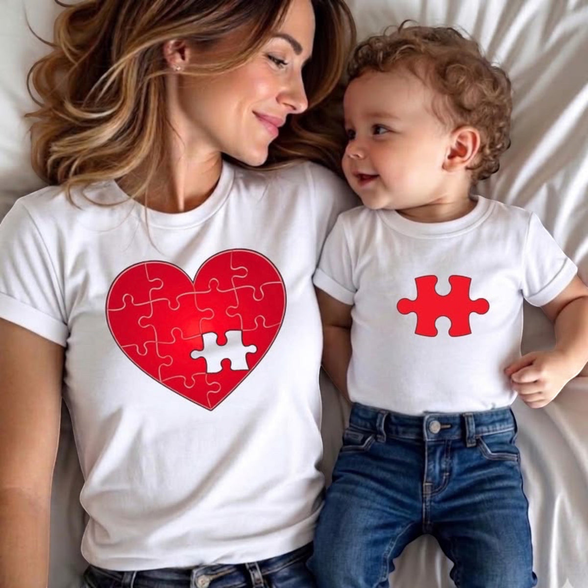 The Beauty Closet matching white t-shirts for mom and child with red heart puzzle piece print