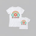 The Beauty Closet matching white cotton t-shirt set for mommy and me with retro rainbow God Is Good floral graphic