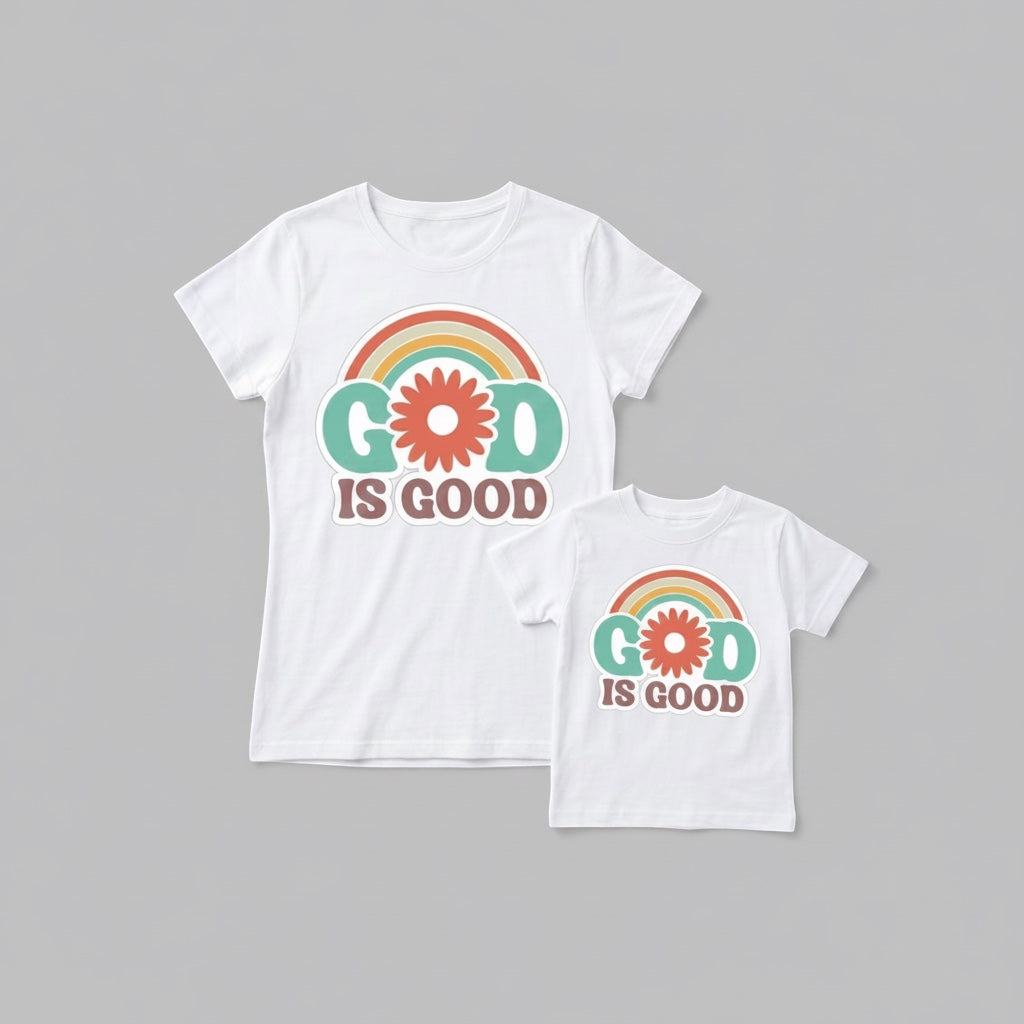 The Beauty Closet matching white cotton t-shirt set for mommy and me with retro rainbow God Is Good floral graphic