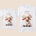 The Beauty Closet matching white cotton t-shirts for parent and child featuring a cute sheep graphic and Spanish text