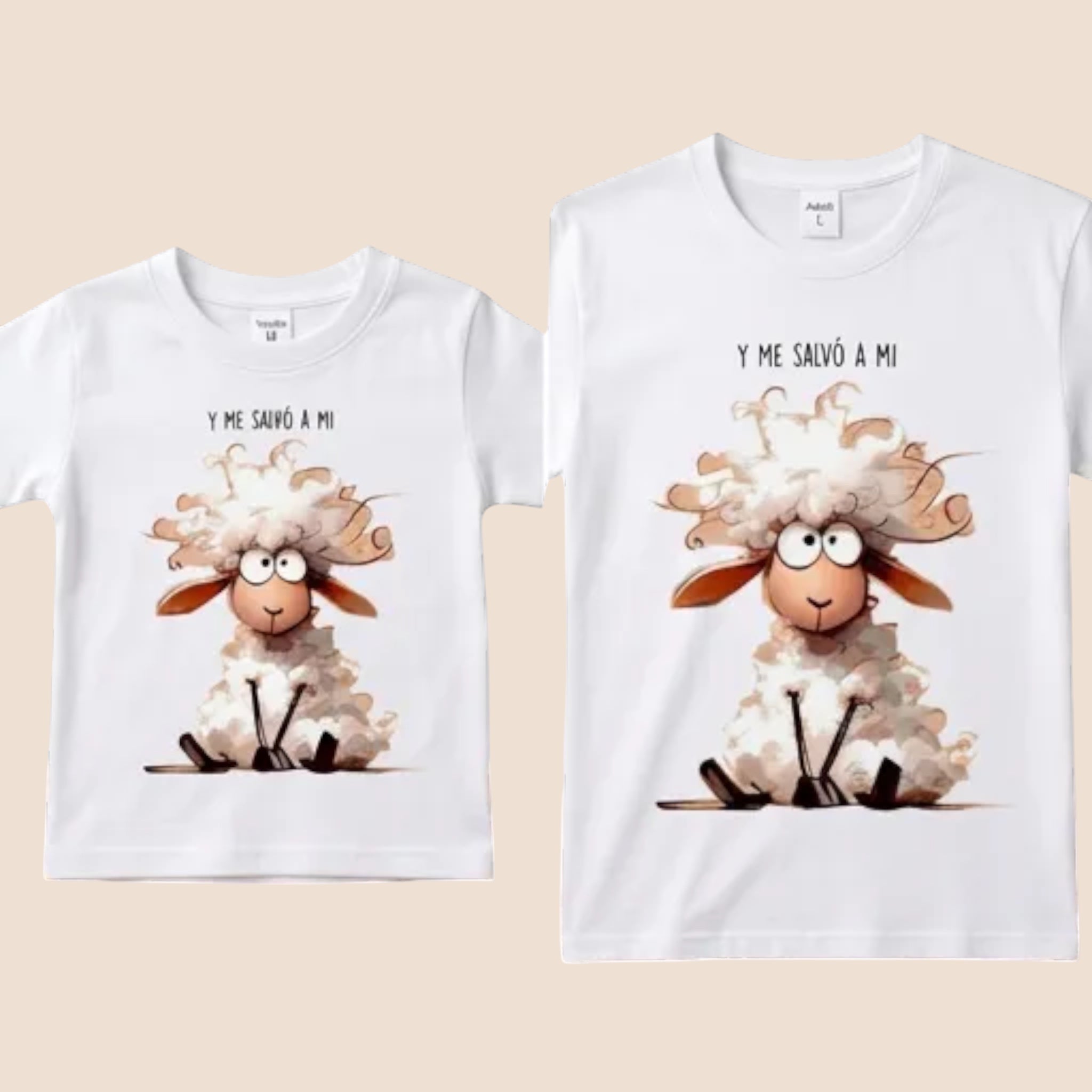 The Beauty Closet matching white cotton t-shirts for parent and child featuring a cute sheep graphic and Spanish text