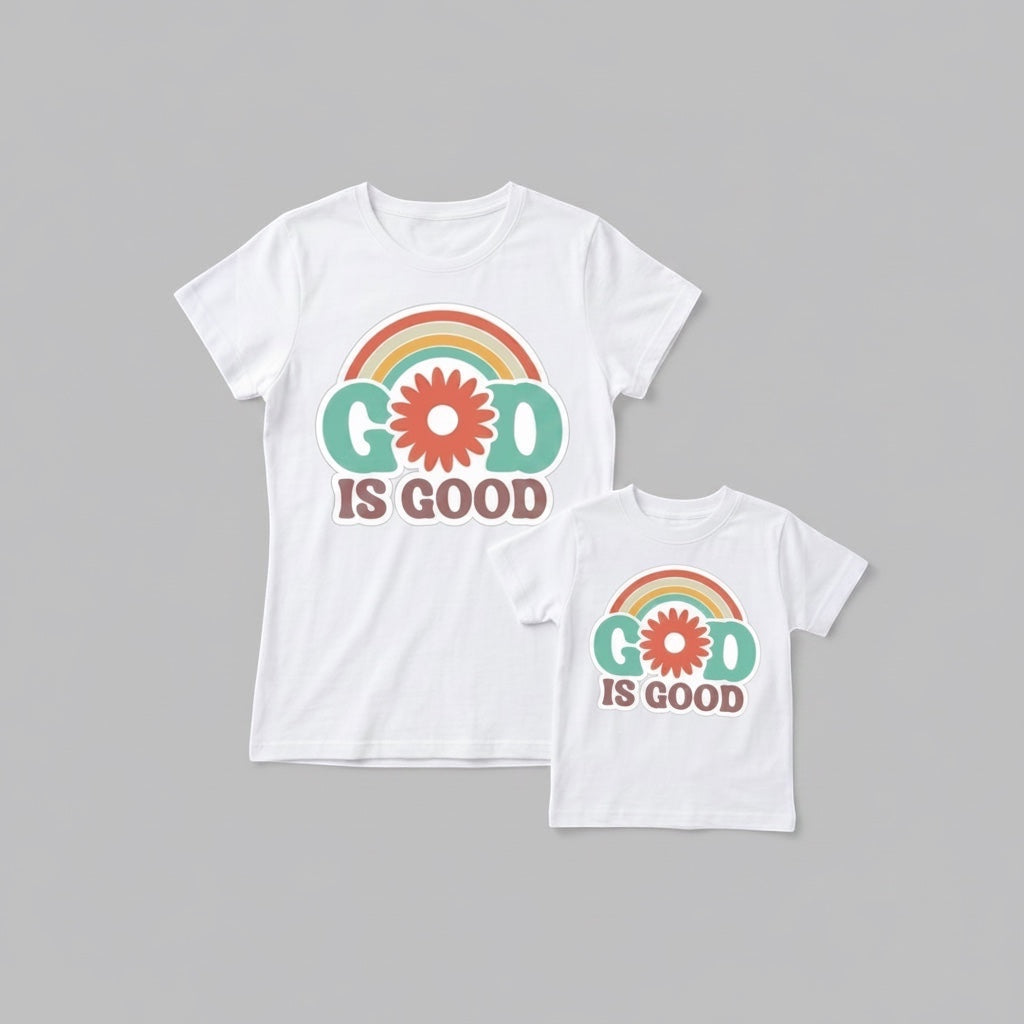 The Beauty Closet matching white cotton t-shirts for parent and child with retro rainbow and God Is Good graphic