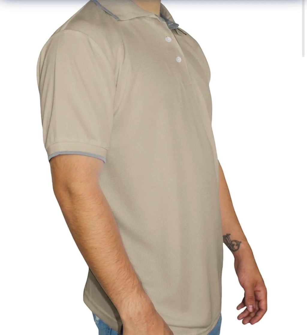 The Beauty Closet men's short sleeve polo shirt in beige with grey trim on collar and cuffs. Textured fabric, two-button placket.