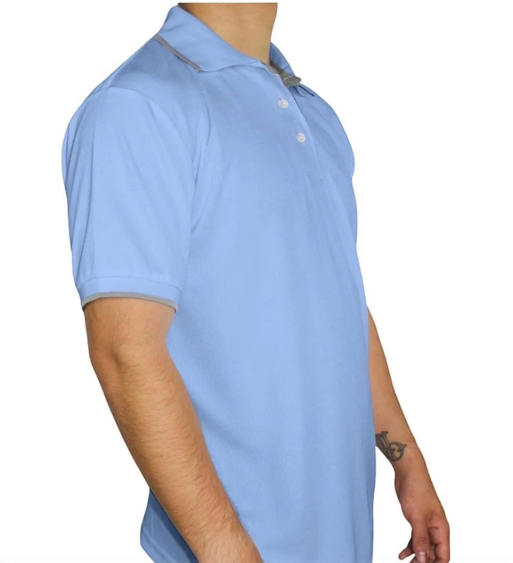 The Beauty Closet men's sky blue short sleeve polo shirt with grey collar and cuff trim, textured fabric, two-button placket.