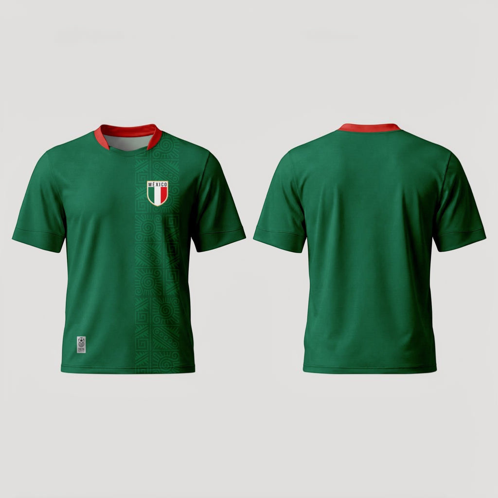 The Beauty Closet green short-sleeve soccer jersey with Mexico crest and red collar. Front and back view.