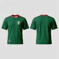 The Beauty Closet green short-sleeve soccer jersey with Mexico crest and red collar. Front and back view.