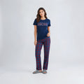 The Beauty Closet navy blue t-shirt with red and white plaid 'MOM' graphic and matching plaid pants.