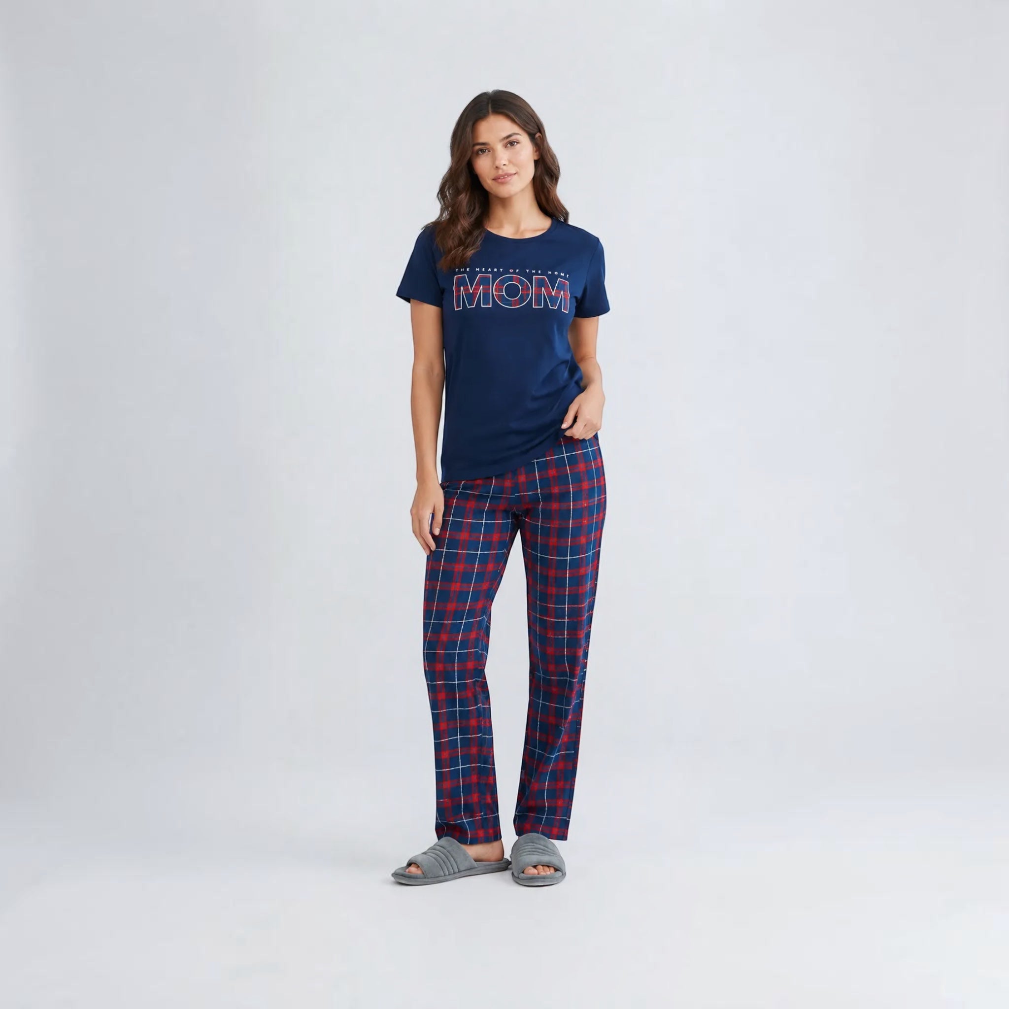 The Beauty Closet navy blue t-shirt with red and white plaid 'MOM' graphic and matching plaid pants.