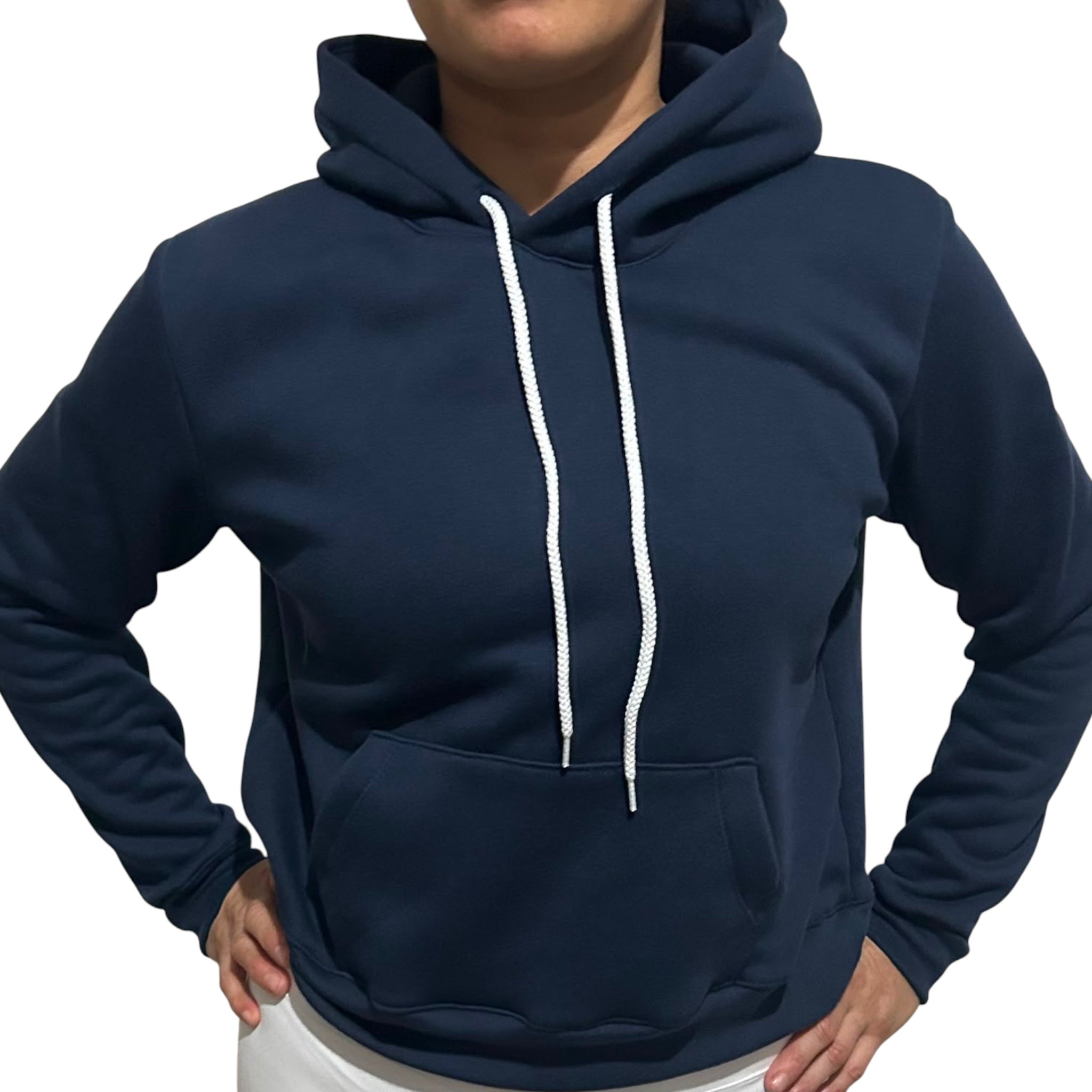 The Beauty Closet navy blue pullover hoodie with white drawstring and front kangaroo pocket