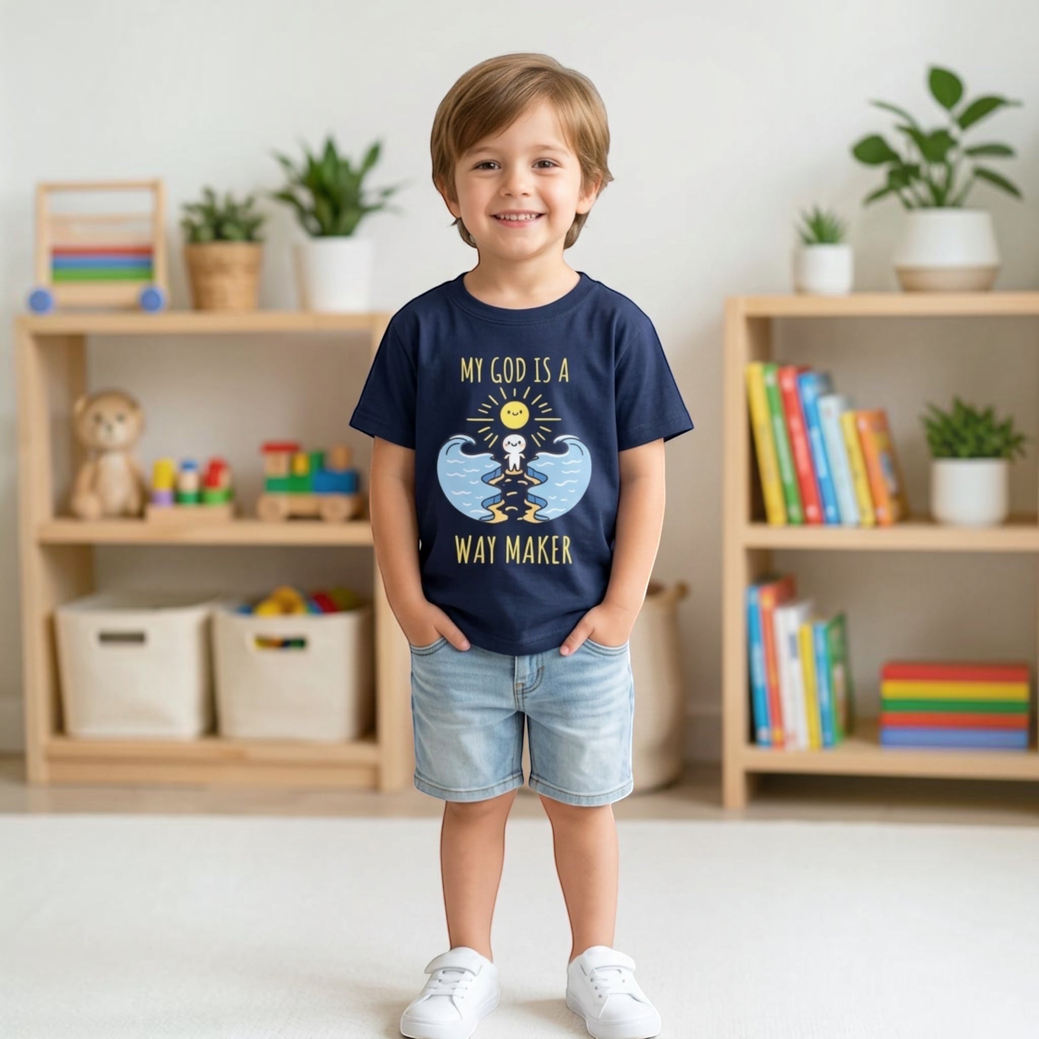 A young boy wearing a navy blue The Beauty Closet graphic t-shirt with My God Is A Way Maker text and sun design.