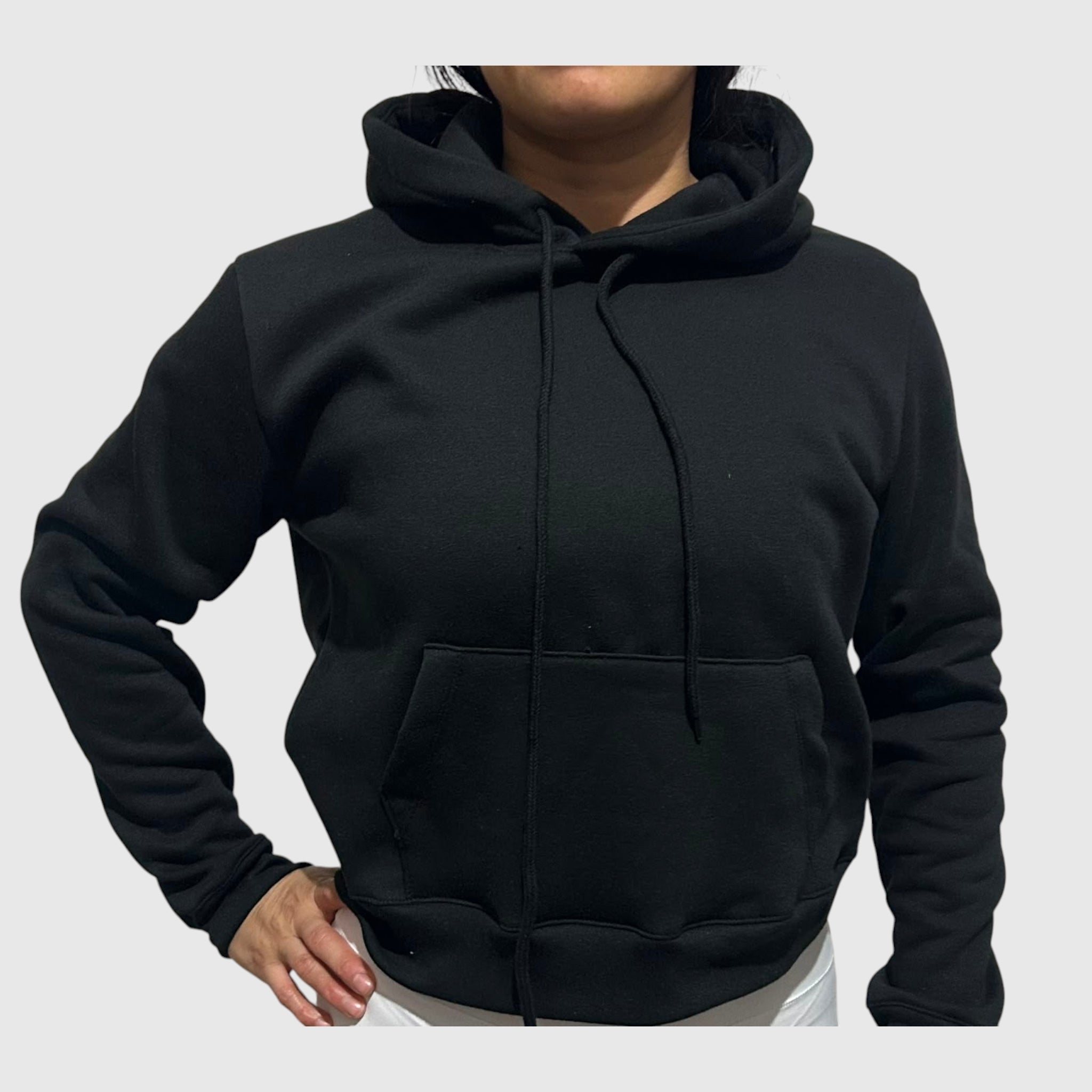 The Beauty Closet navy blue pullover hoodie with drawstring hood, kangaroo pocket, and ribbed cuffs on a person.