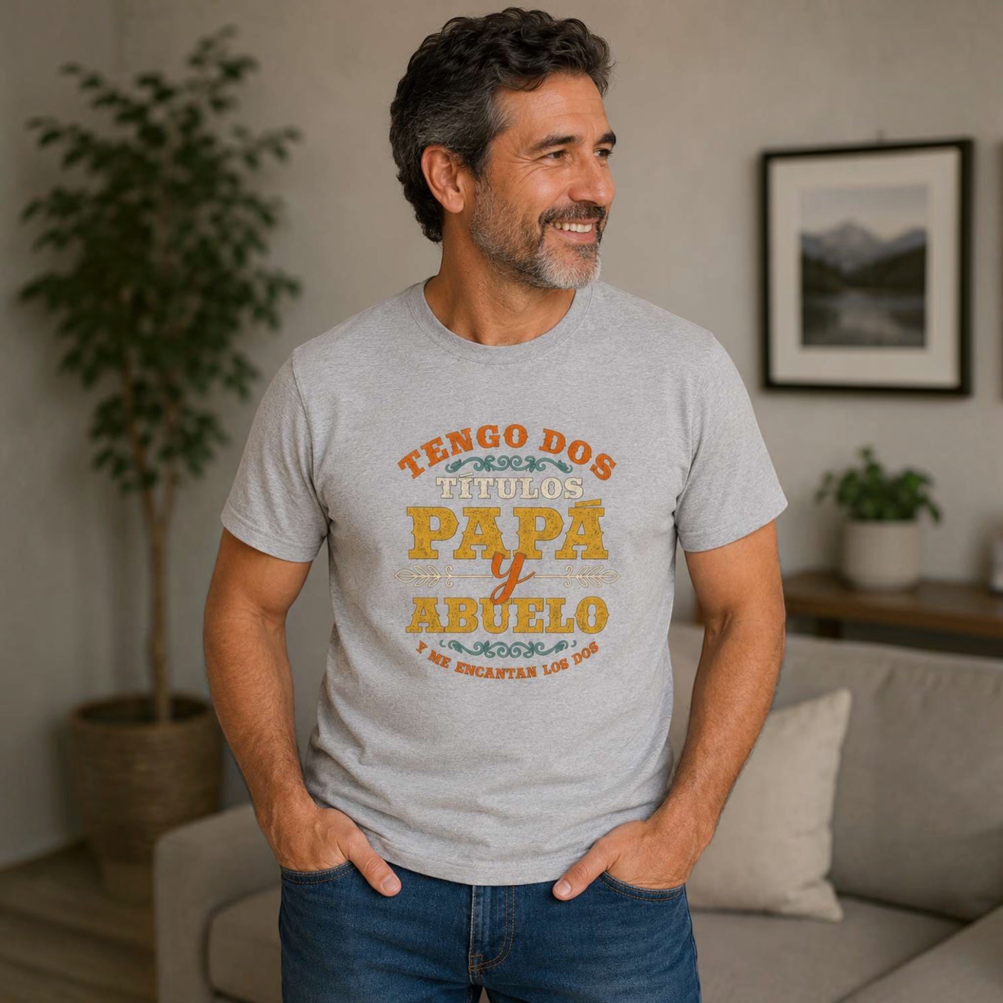 The Beauty Closet grey t-shirt for men with vintage-style typography print reading Papa y Abuelo