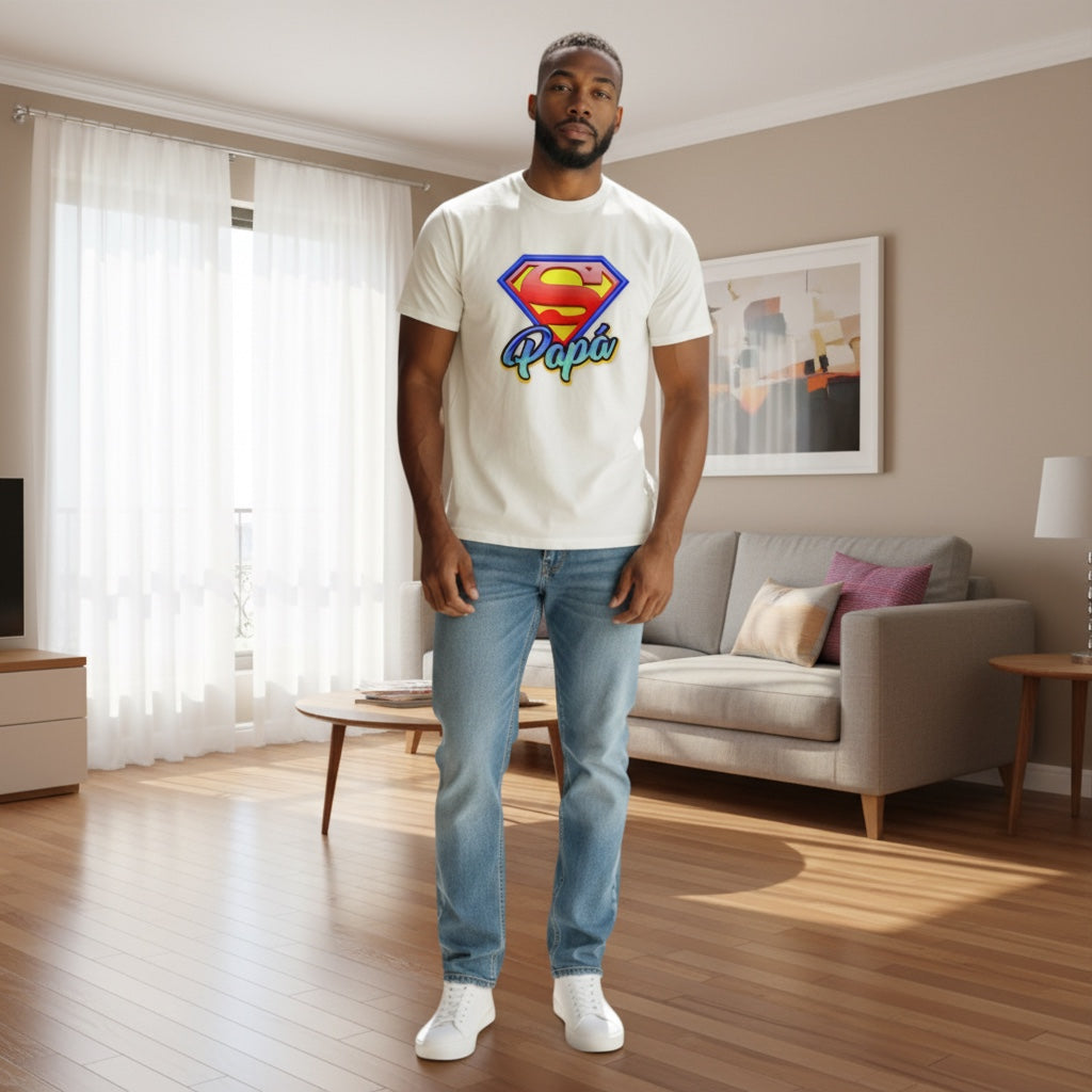 The Beauty Closet off-white crew neck t-shirt with a Papa superhero shield graphic worn by a man in a living room.