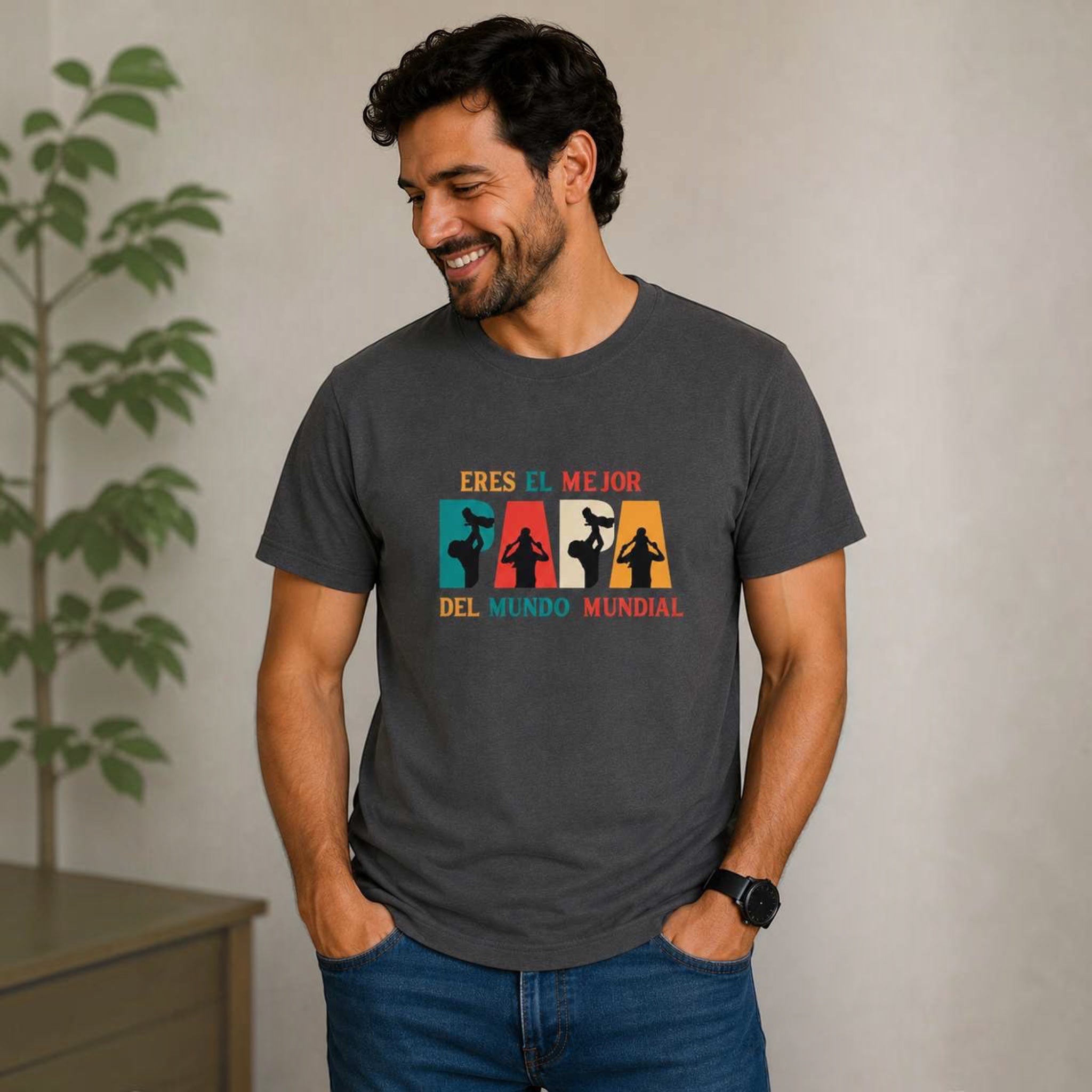 The Beauty Closet charcoal grey t-shirt with Eres El Mejor Papa Del Mundo graphic print worn by a smiling man.
