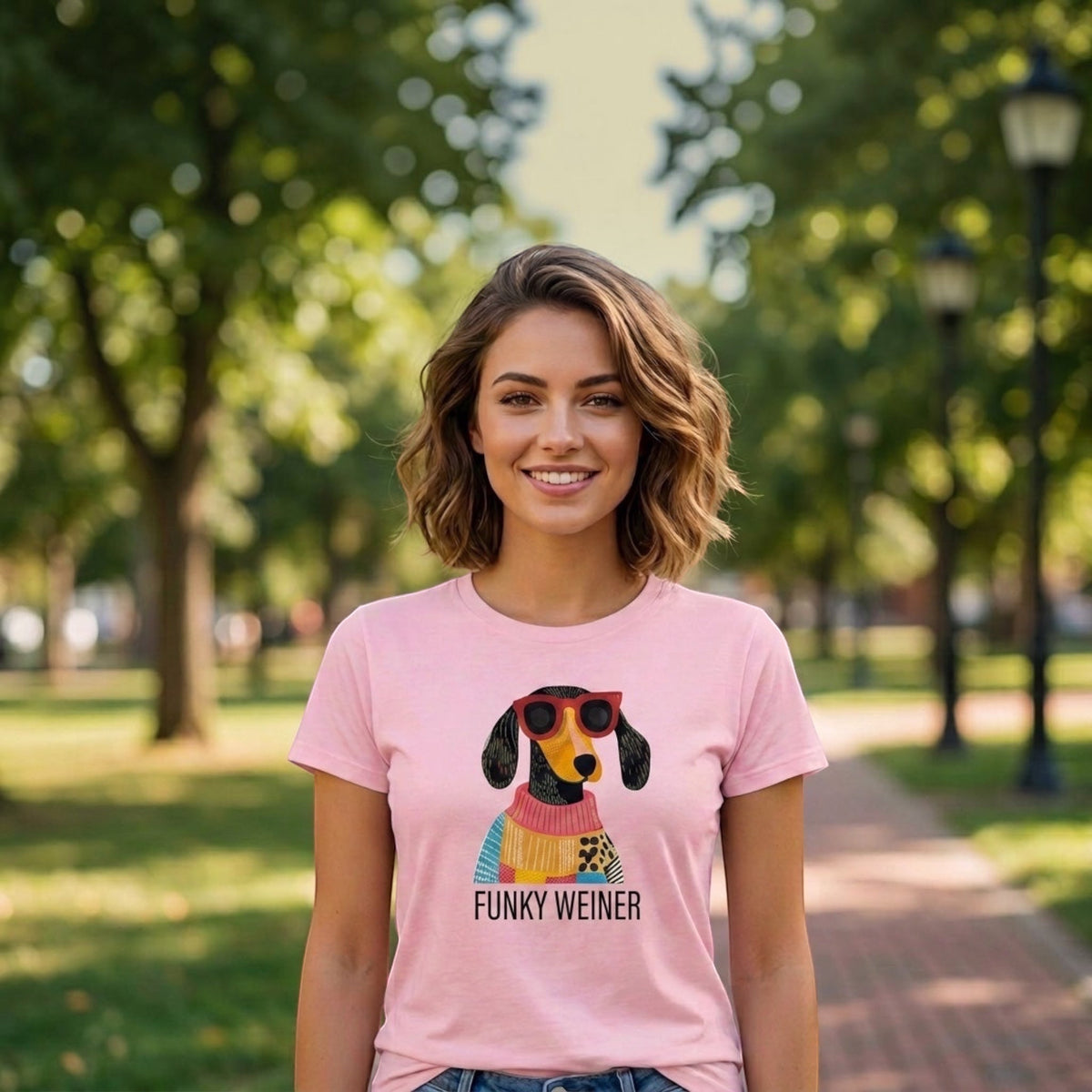 The Beauty Closet light pink cotton t-shirt featuring a graphic of a dachshund in sunglasses and a sweater