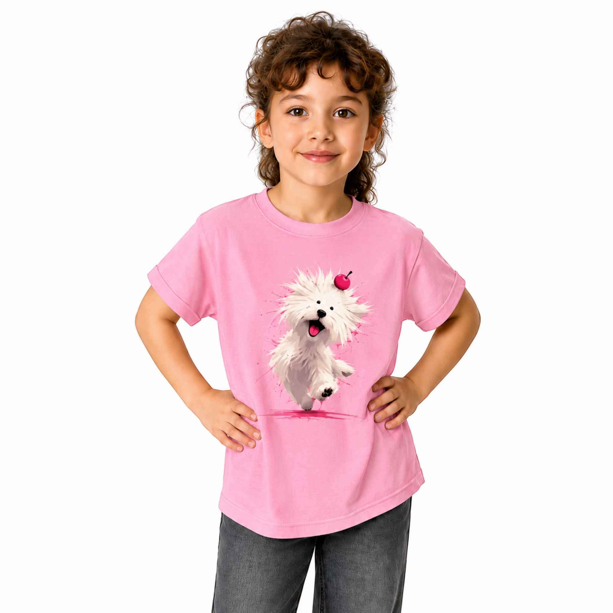 The Beauty Closet pink cotton t-shirt with a graphic of a fluffy white dog with a cherry on its head.
