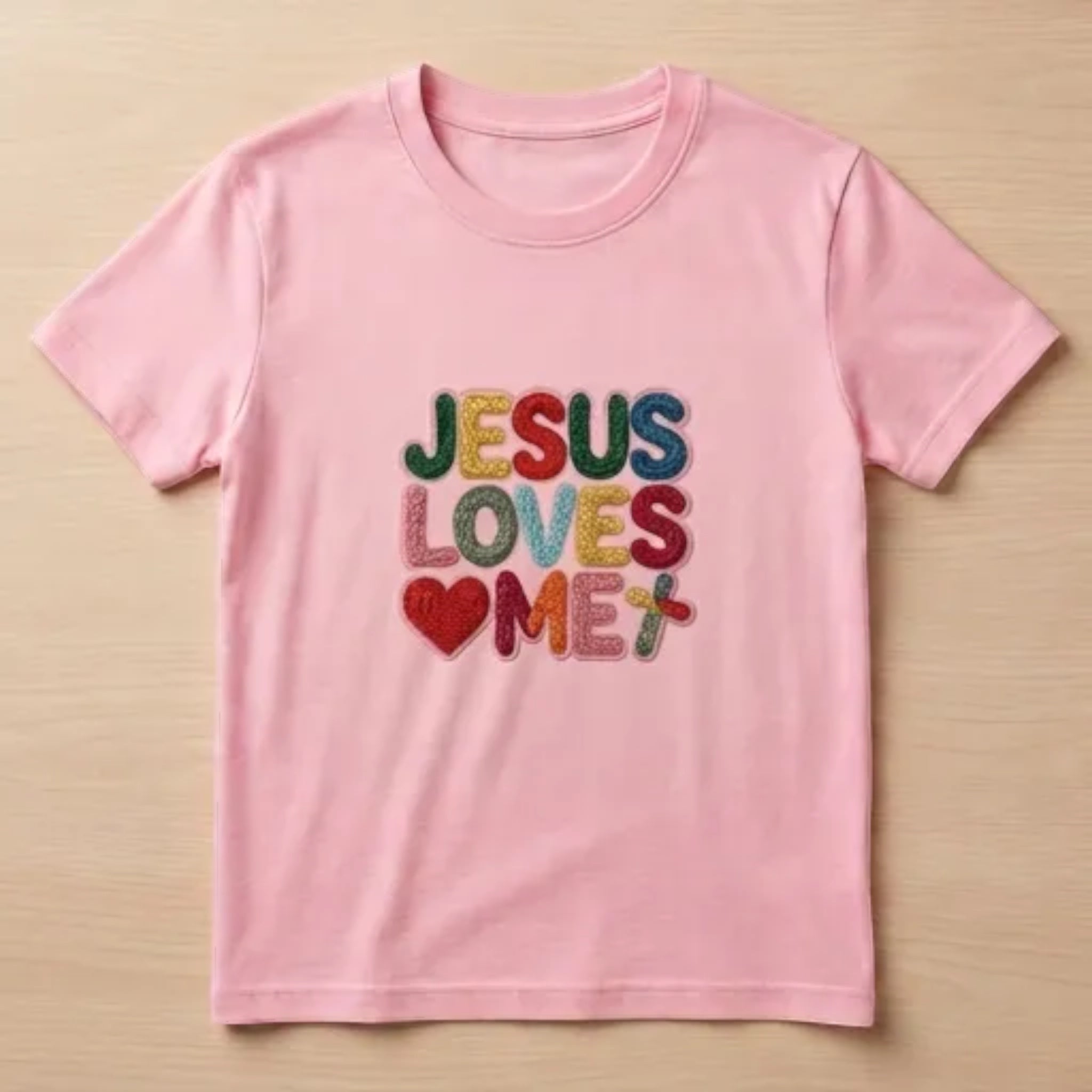 The Beauty Closet pink short sleeve crewneck t-shirt featuring a colorful textured Jesus Loves Me graphic print.