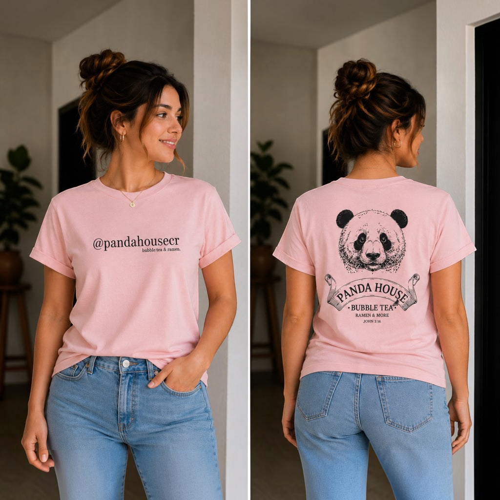 The Beauty Closet pink cotton t-shirt with a black panda graphic and text on the back. Relaxed fit.