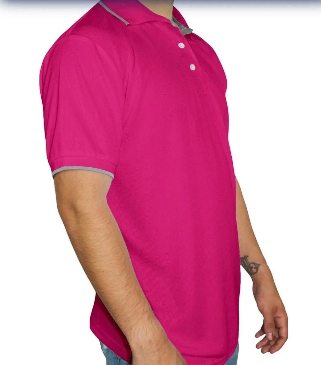 The Beauty Closet men's short sleeve polo shirt in vibrant pink with grey collar and cuff trim. Features a two-button placket.
