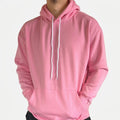 The Beauty Closet pink pullover hoodie with adjustable white drawstrings and a front kangaroo pocket.