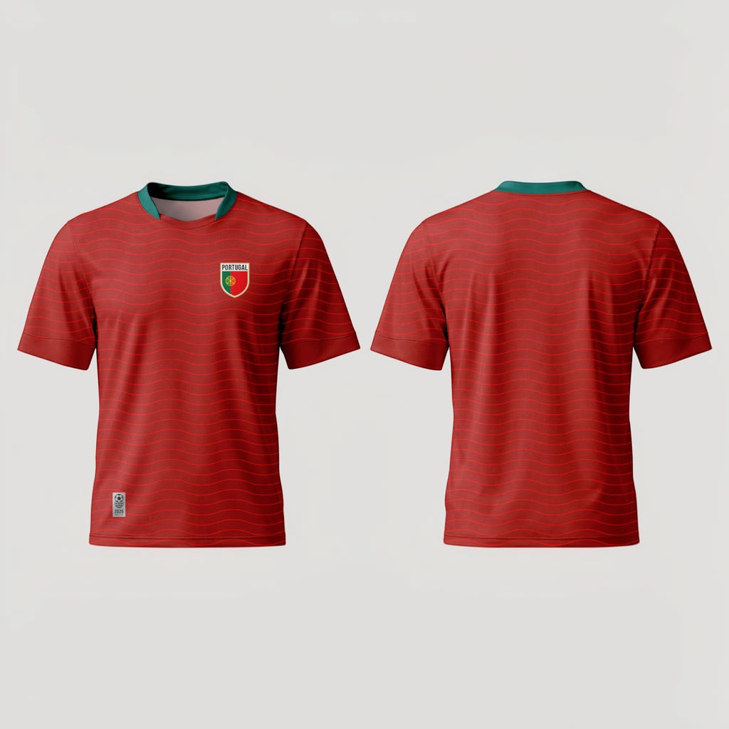 The Beauty Closet Portugal soccer jersey with wavy red pattern and green trim. Front and back view.