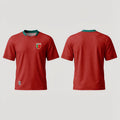 The Beauty Closet Portugal soccer jersey with wavy red pattern and green trim. Front and back view.