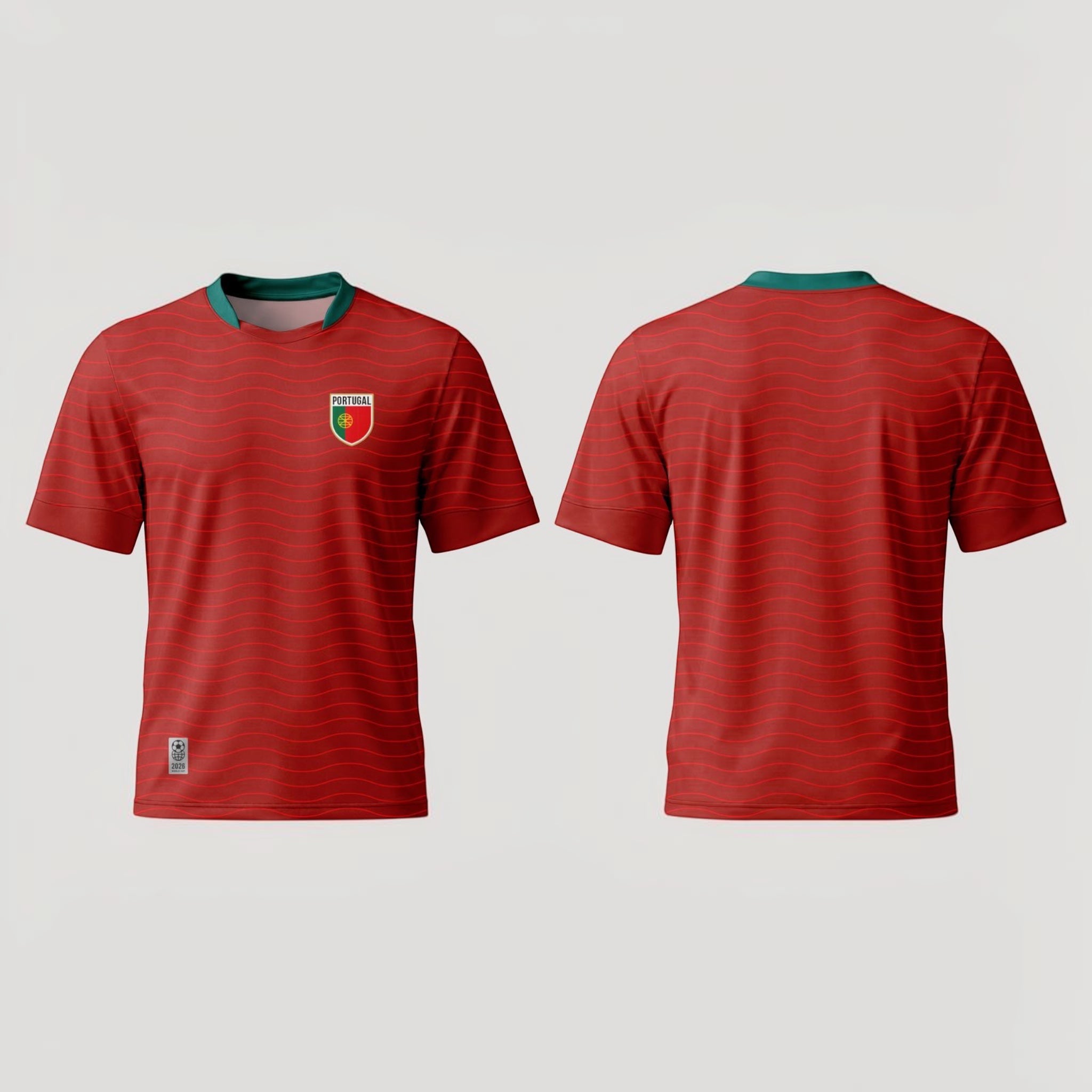 The Beauty Closet Portugal soccer jersey with wavy red pattern and green trim. Front and back view.
