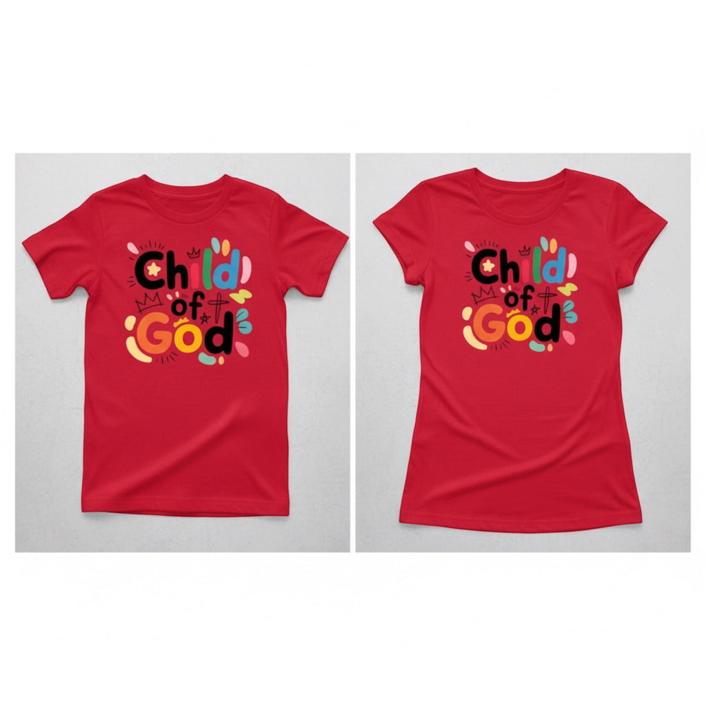 The Beauty Closet red crew neck t-shirt featuring a colorful Child of God graphic print with crown and star icons.