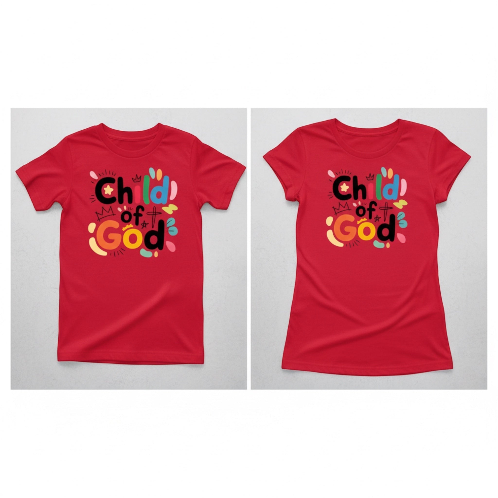 The Beauty Closet red crew neck t-shirt featuring a colorful Child of God graphic print with crown and star icons.