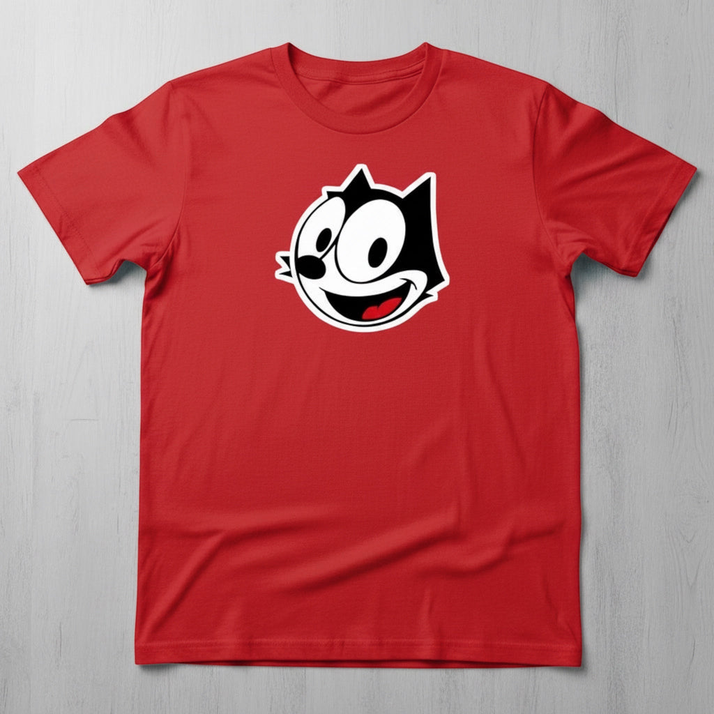 The Beauty Closet red t-shirt featuring a black and white Felix the Cat character graphic on the chest