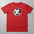 The Beauty Closet red t-shirt featuring a black and white Felix the Cat character graphic on the chest