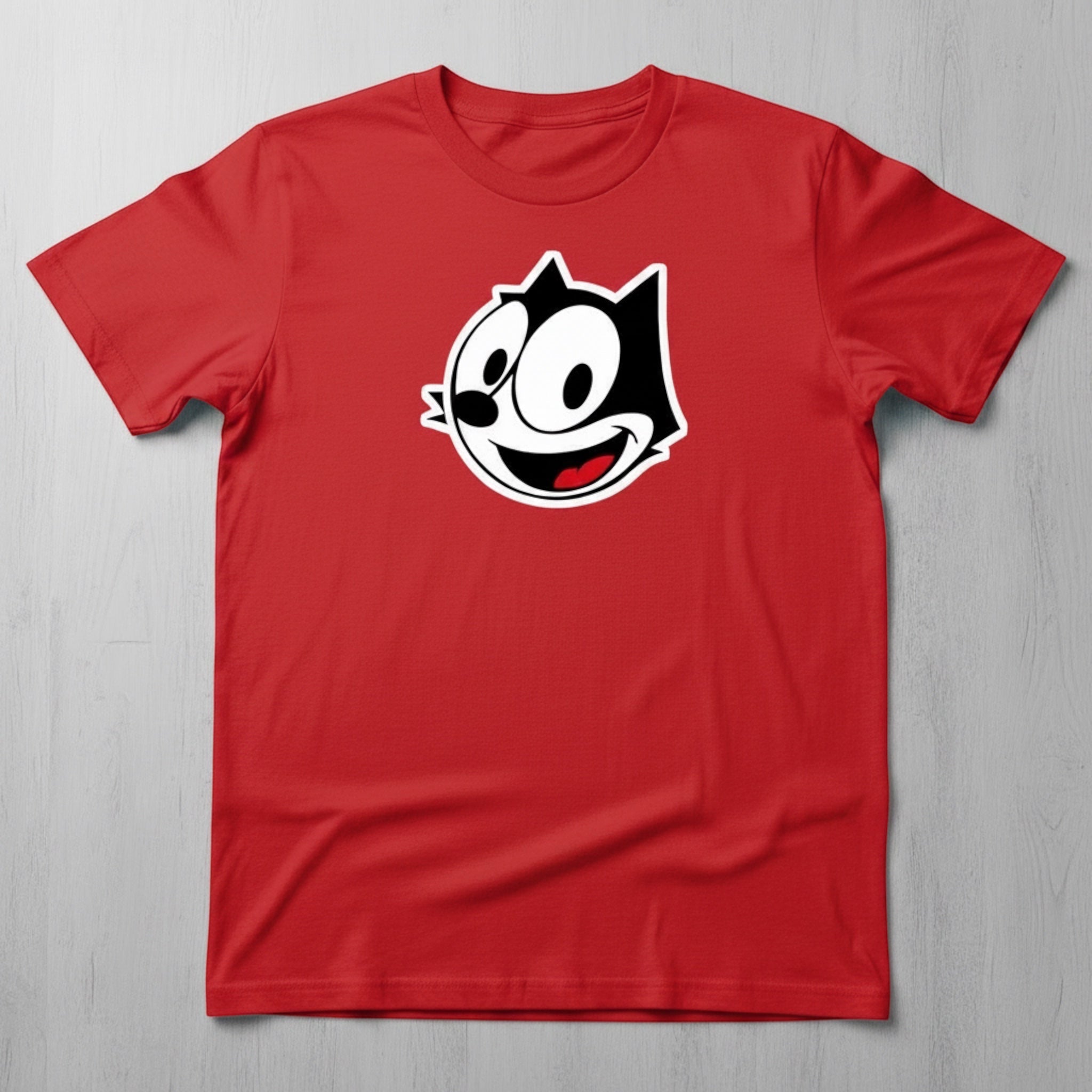 The Beauty Closet red t-shirt featuring a black and white Felix the Cat character graphic on the chest