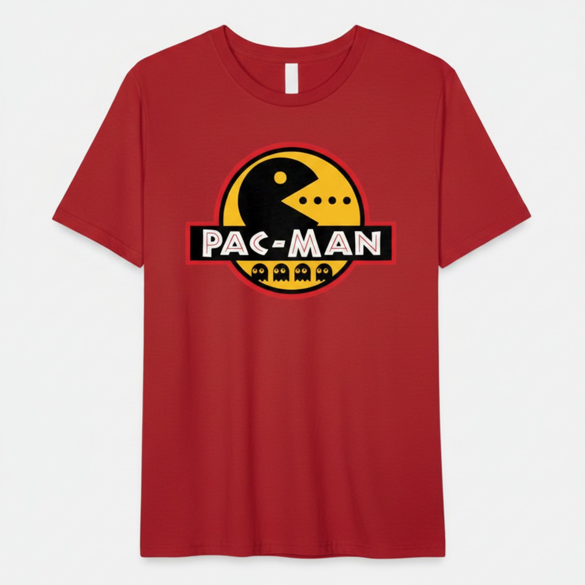 The Beauty Closet red short-sleeve t-shirt featuring a yellow and black Pac-Man logo graphic on the chest.