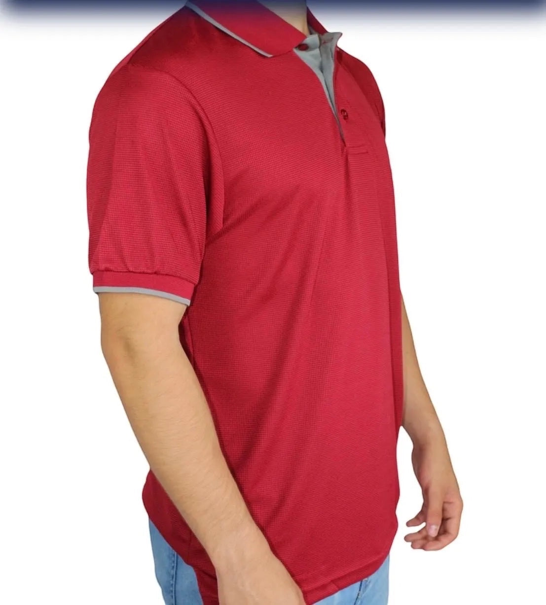 The Beauty Closet men's red textured short sleeve polo shirt with grey collar and cuff trim. Features a two-button placket.
