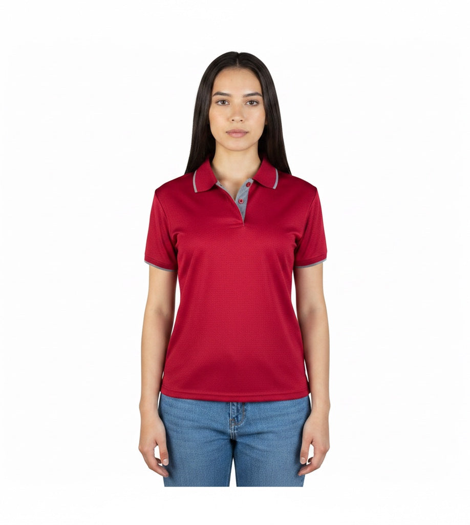 The Beauty Closet red short sleeve polo shirt with grey collar trim worn by a woman with blue jeans