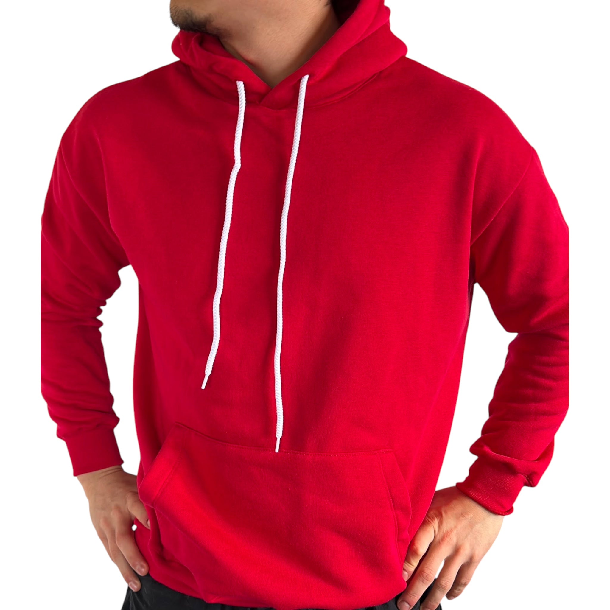 The Beauty Closet red pullover hoodie with white drawstrings and a front kangaroo pocket worn by a man
