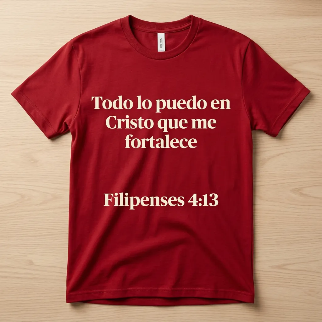 The Beauty Closet red crewneck t-shirt featuring white scripture text from Filipenses 4:13 in a soft cotton fabric.