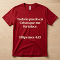 The Beauty Closet red crewneck t-shirt featuring white scripture text from Filipenses 4:13 in a soft cotton fabric.