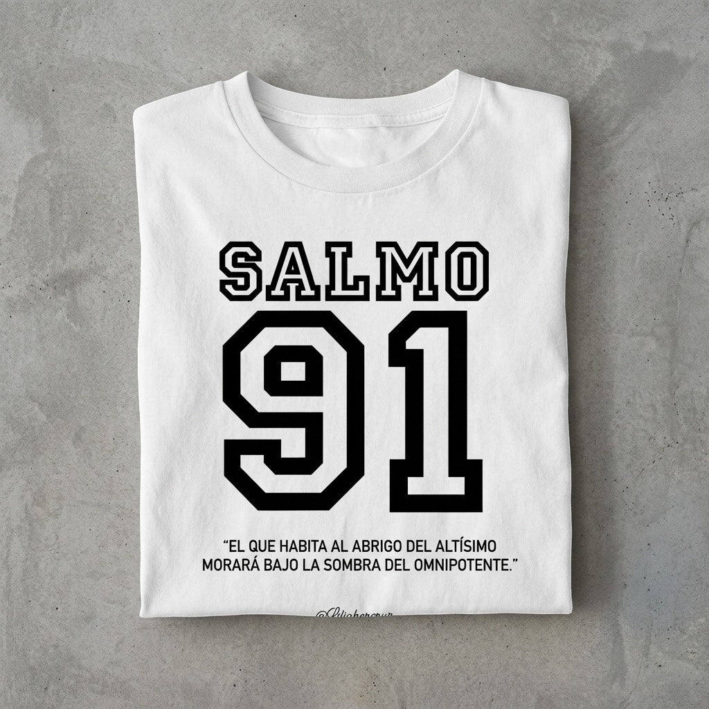 The Beauty Closet white cotton t-shirt featuring Salmo 91 graphic print in bold black lettering on a concrete surface