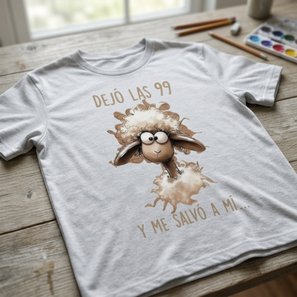 The Beauty Closet white crewneck t-shirt featuring a cartoon sheep illustration and Spanish scripture text.