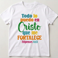 The Beauty Closet white cotton crewneck t-shirt with multi-colored Philippians 4:13 scripture graphic print.