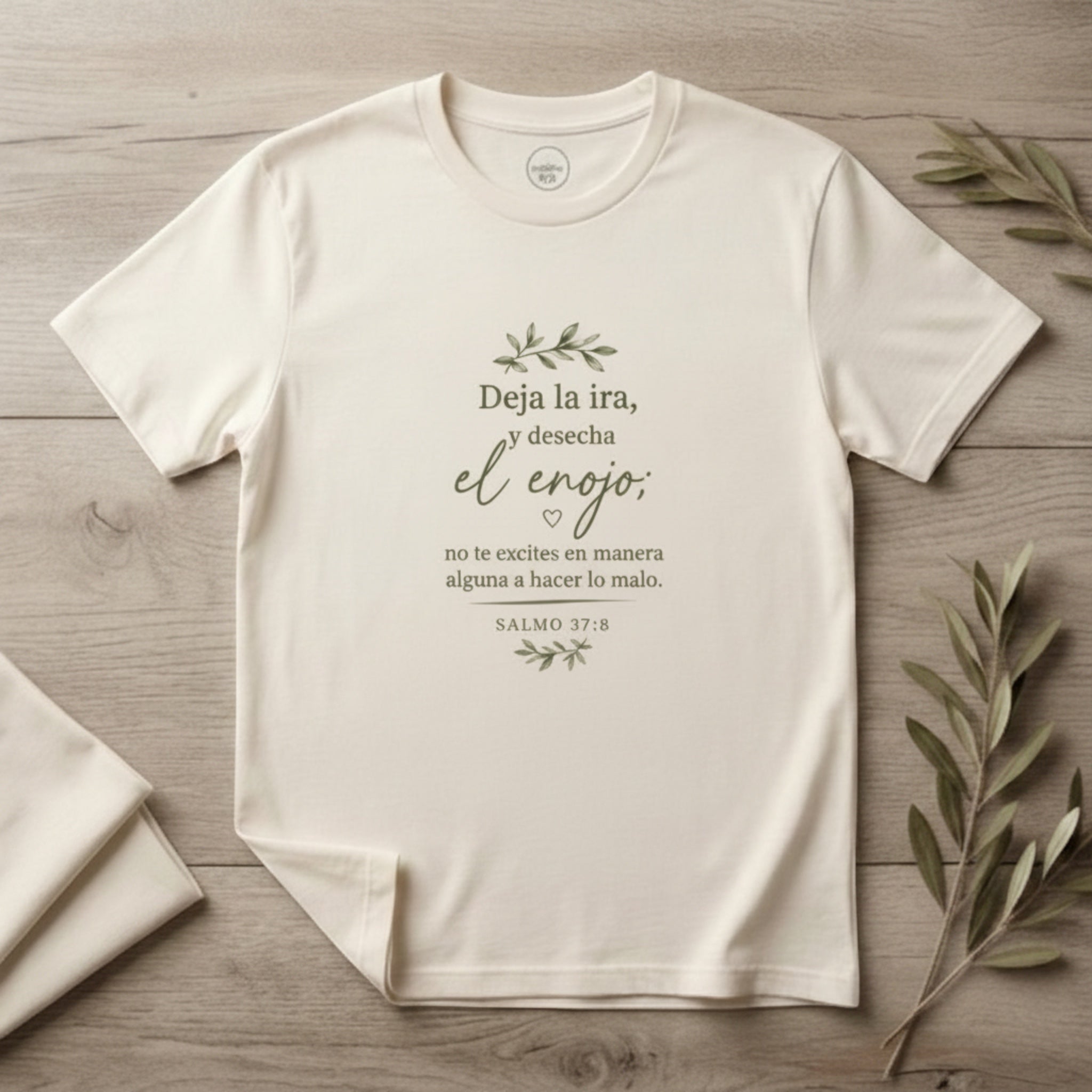 The Beauty Closet cream cotton crewneck t-shirt featuring green Salmo 37:8 scripture graphic and olive branch design.
