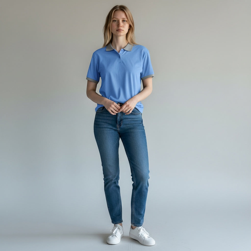 The Beauty Closet sky blue textured polo shirt with grey collar and cuff trim, short sleeves, and two-button placket.