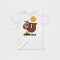 The Beauty Closet white t-shirt featuring a cute sloth hanging from a branch with a sun and Costa Rica graphic.