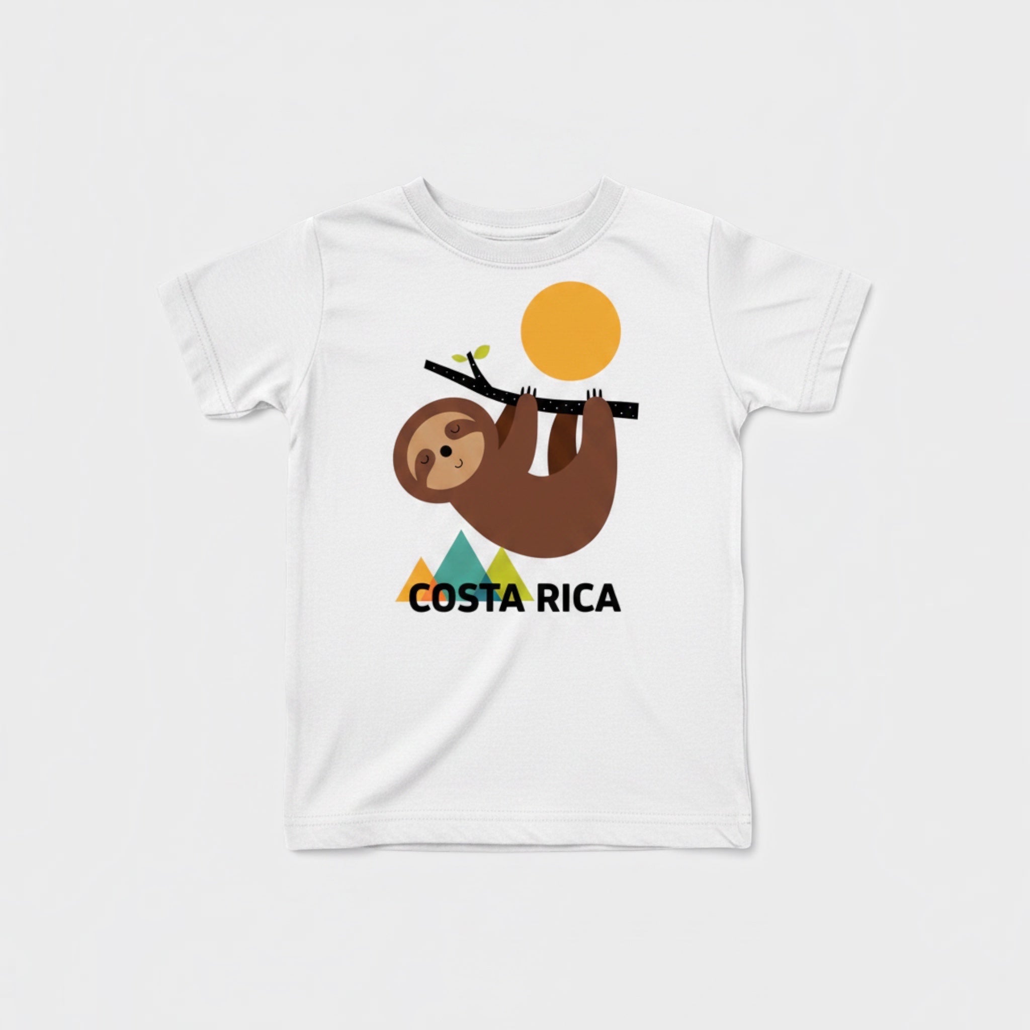 The Beauty Closet white t-shirt featuring a cute sloth hanging from a branch with a sun and Costa Rica graphic.
