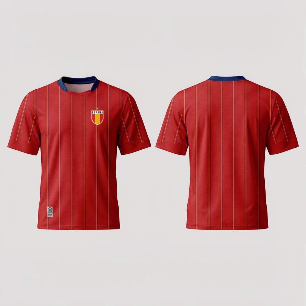 The Beauty Closet red and yellow striped short-sleeve soccer jersey with España crest and navy collar.