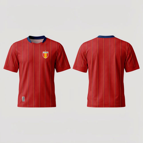 The Beauty Closet red and yellow striped short-sleeve soccer jersey with España crest and navy collar.