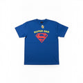 The Beauty Closet blue short sleeve crew neck t-shirt featuring a red and yellow Super Dad superhero shield graphic.